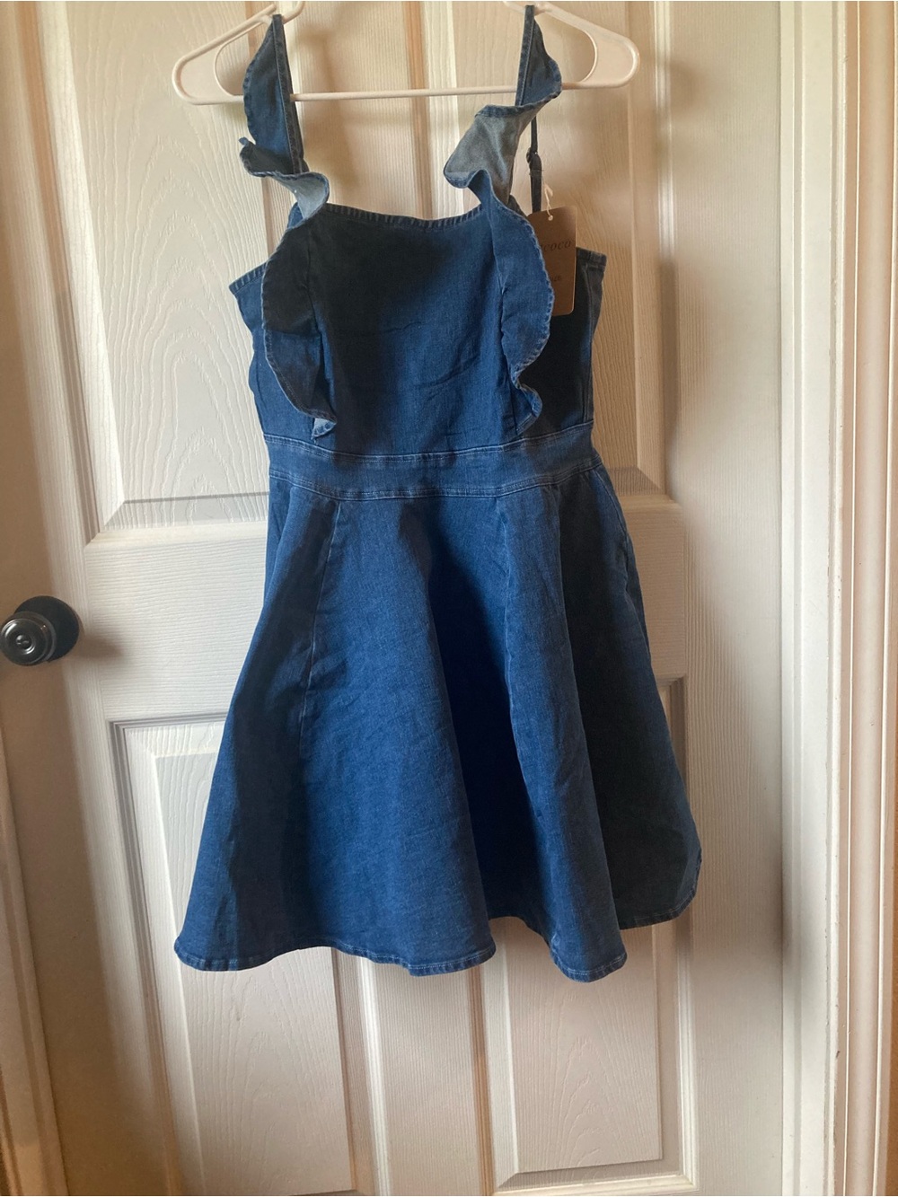 Blue Denim Ruffle Strap Mini Dress - Picture 2 of 4